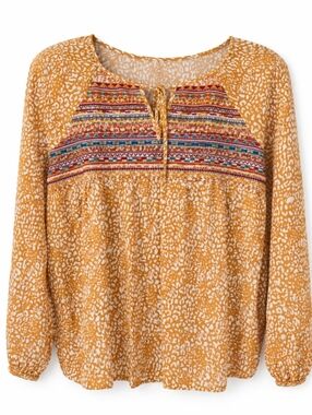 Savanna Jane Mustard Peasant Boho Embroidered Flowy Top Shirt Sz Small